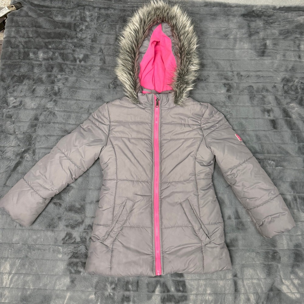 Calvin Klein Jeans Girls Grey Pink Faux Fur Hood Puffer Jacket Size M 8/10